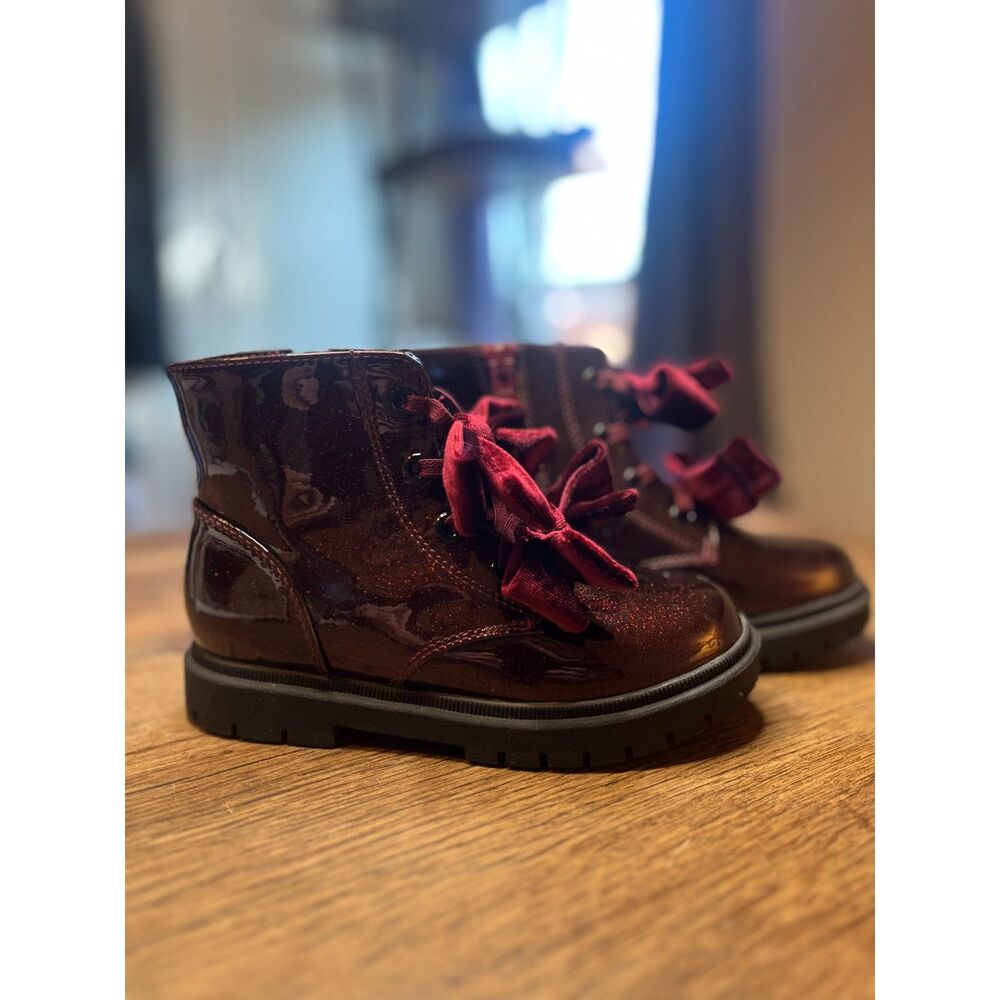 Cat & Jack Toddler Girls Size 12 Burgundy Glitter Combat Boots Velvet Bow Laces